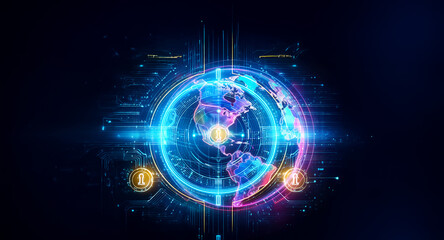 Fototapeta premium Glowing neon digital globe with futuristic tech elements and bright lights, presented against a dark backdrop. A visually striking representation of global connectivity.