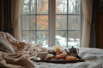 Cozy Winter Breakfast in Bed: A Tray of Tea, Pastries, and a Scenic View