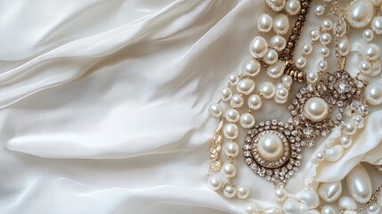 Obraz premium A flat lay of vintage jewelry on a white fabric, with space for text. picture