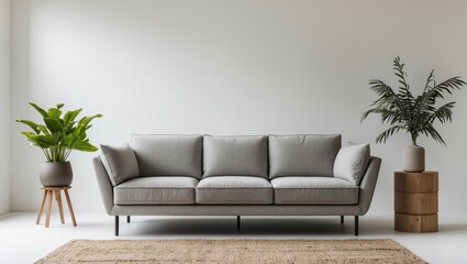 Stylish grey modern sofa positioned centrally on a light wall, complemented by green potted plants on either side, and a beige rug underneath.