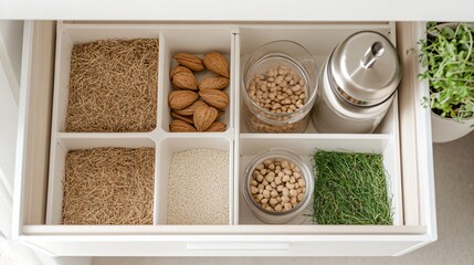 Spice organizer with wooden compartments, various seasonings and fresh herbs for culinary enthusiasts in a bright kitchen.