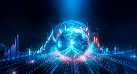 Futuristic digital globe with glowing rays, surrounded by blue and red graphs on a dark backdrop. Abstract scene with light effects suggesting global connectivity and data flow.
