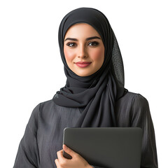 Smiling young middle east businesswoman in hijab holding laptop, isolated on transparent background, png
