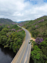 A winding road cuts through lush green mountains, surrounded by a peaceful river and vibrant purple blossoms, creating a breathtaking view of nature’s harmony.
