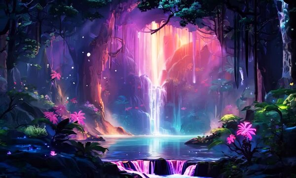 waterfall in magical forest in fairy tale illustrated animation