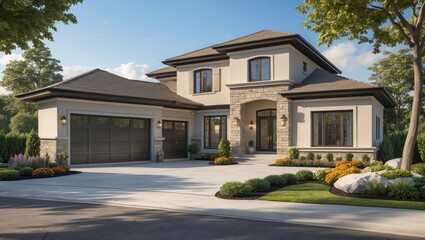 Elegant luxury home with two-car garage, landscaped garden, and clear blue sky, featuring ample copyspace on the sunny driveway for design elements.