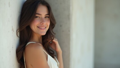 Fototapeta premium A beautiful woman with long, flowing hair smiles gently, leaning against a smooth concrete wall. Her warm expression radiates joy and confidence, capturing a moment of serene beauty and grace.