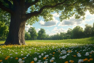 Serene Summer Meadow Under Majestic Oak Tree with Blossoming Wildflowers