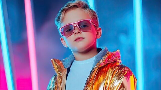 Techno style &acirc;&euro;&ldquo; a child in glasses, metallic clothing and neon element