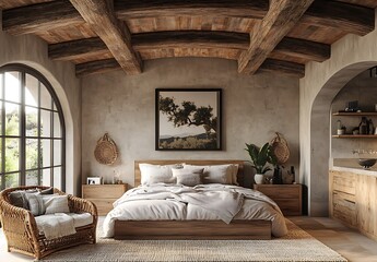 Rustic Bedroom with Wooden Beams, Arched Windows and Beige Bedding