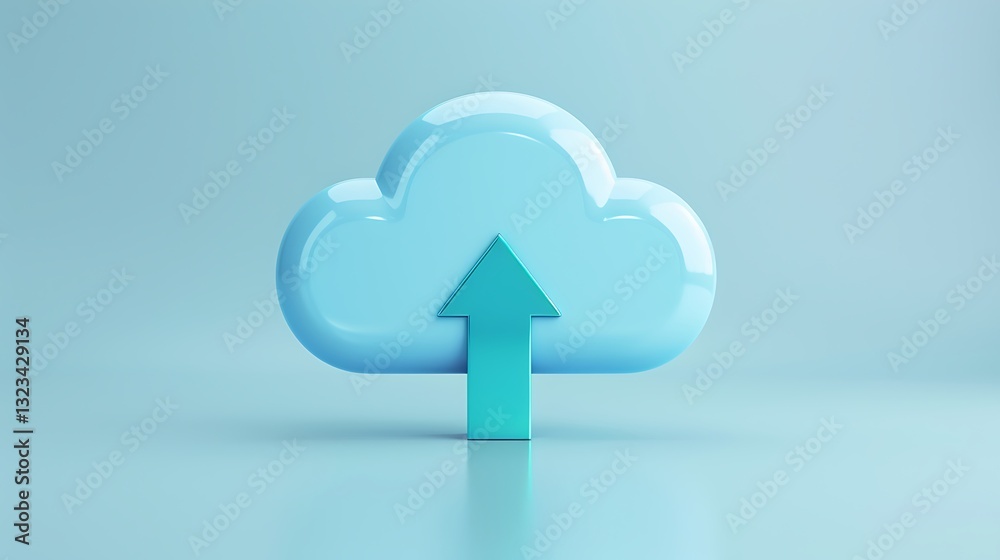 Poster 3D Cloud Icon with Arrow Symbolizing Data Upload in a Minimalistic Blue Environment