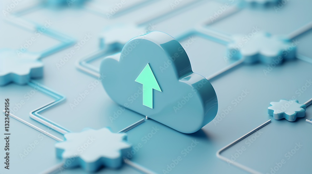 Poster 3d cloud icon with an arrow representing data uploading and connectivity on a blue background