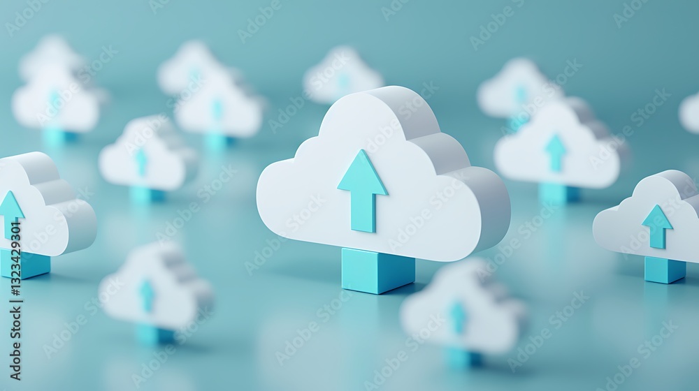 Poster 3d cloud icon with upload arrow symbol representing data upload and online storage concept on soft b