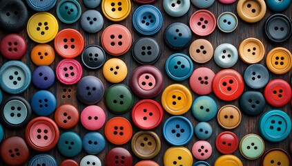 Obraz premium A vibrant collection of colorful buttons scattered on a wooden surface. Generative AI