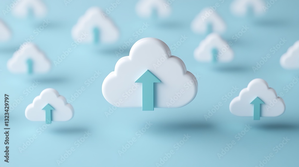 Poster 3d cloud symbols with upward arrows on a soft blue background representing data upload and cloud tec
