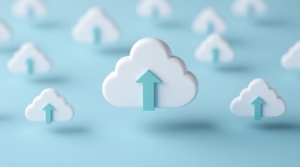 Obraz premium 3D Cloud Symbols with Upward Arrows on a Soft Blue Background Representing Data Upload and Cloud Technology