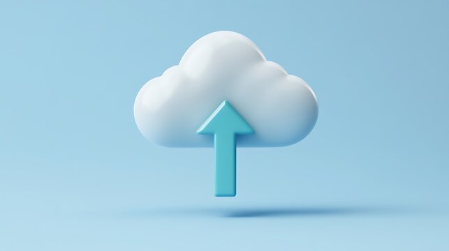 3D cloud symbol with upward arrow representing data upload and cloud storage concept in light blue background