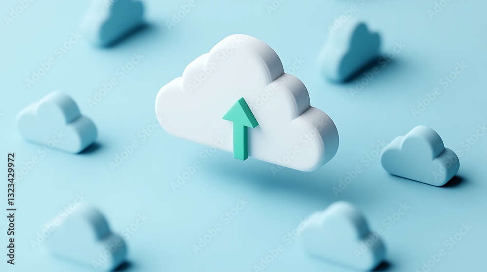 Poster 3d cloud with upward arrow symbolizing data upload concept on blue background