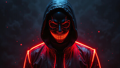 futuristic outfit, masked man in the glowing red jacket, mysterious background, villainous