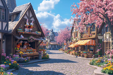 Obraz premium a painting of a street with a store and flowers on display in front of it and a sky background