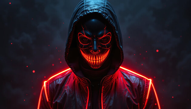 futuristic outfit, masked man in the glowing red jacket, mysterious background, villainous