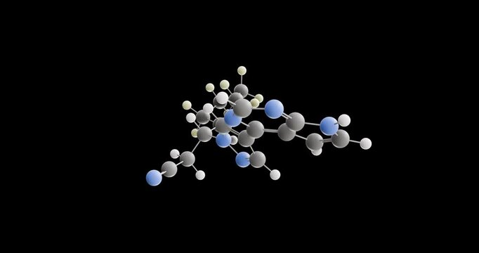 Deuruxolitinib molecule, rotating 3D model of janus kinase inhibitor, looped video on a black background