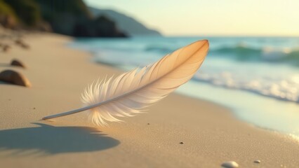 A single, delicate feather rests gently on a tranquil beach, bathed in the warm glow of the setting sun, a serene coastal scene of peace and quiet