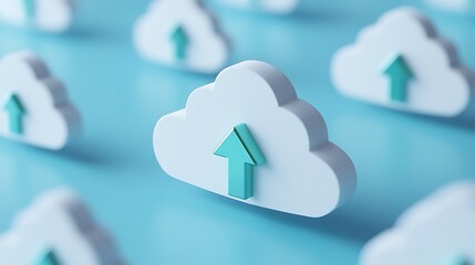 3D Render of White Cloud Icons with Teal Upward Arrows on Blue Background Representing Cloud Computing Technology