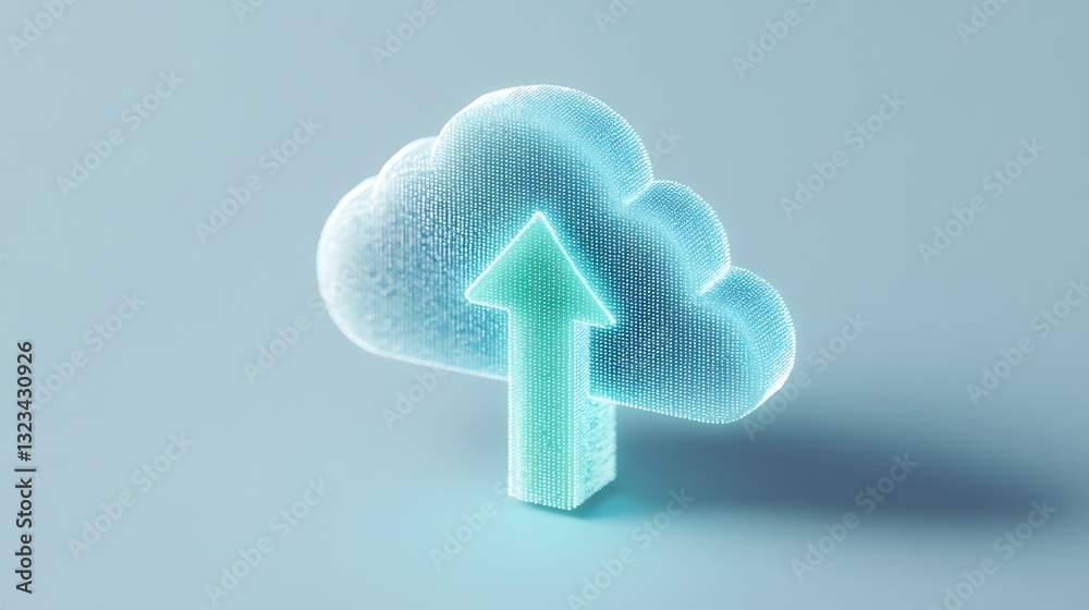 Poster 3d rendering of a glowing cloud symbol with an upward facing arrow, representing data storage and cl