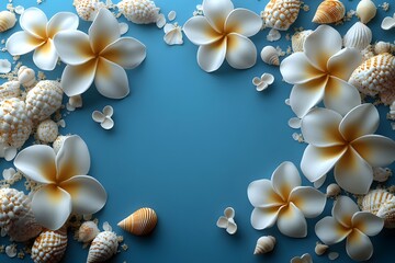 Tropical Plumeria Flowers and Seashells on Blue Background for Summer Design
