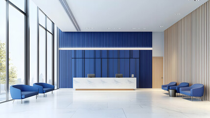 Fototapeta premium Spacious Modern Reception Area with Blue Curtains Marble Countertop Armchairs and Large Windows