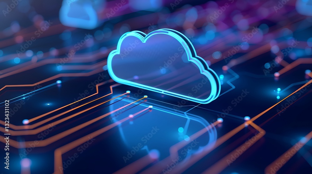 Poster abstract cloud computing concept with digital circuit lines and glowing connections on a futuristic 