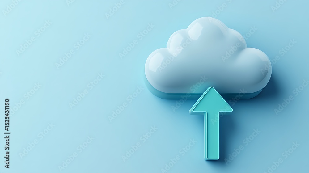 Wall mural abstract cloud illustration with upward arrow symbolizing data upload on a soft blue background