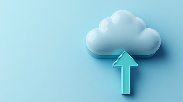 Abstract cloud illustration with upward arrow symbolizing data upload on a soft blue background