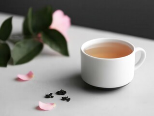 Herbal tea close-ups capturing the vibrant colors of tea leaves and flowers, set against a tranquil garden backdrop, evoking a sense of peace and well-being.