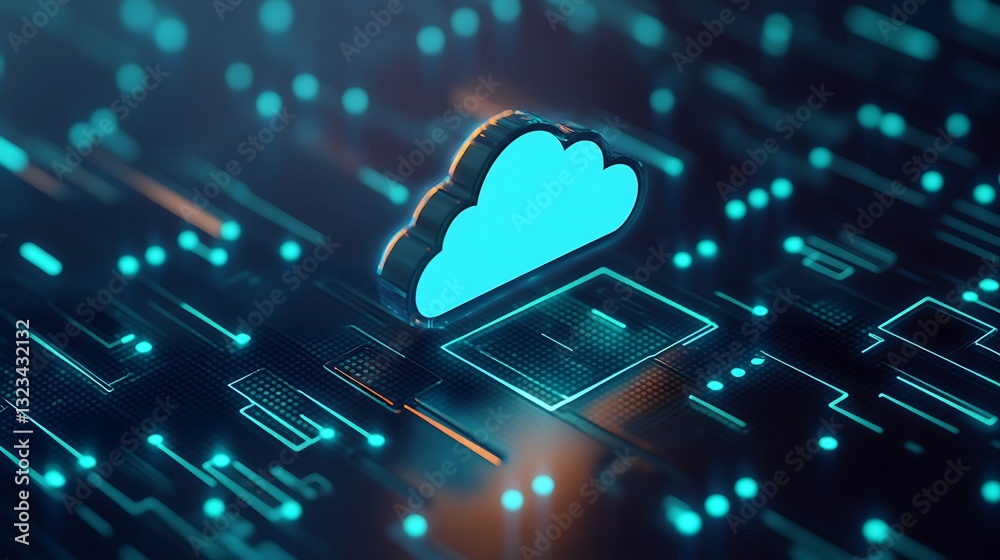 Poster abstract representation of a cloud computing concept with digital circuit elements and glowing blue 