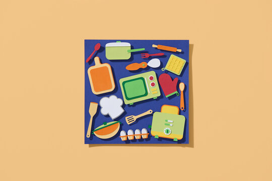 Colorful Kitchen Tools Set on Blue Background