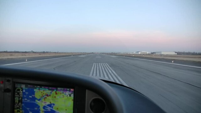 Pilot POV Takeoff from Runway 25 at Dawn with Propeller Airplane