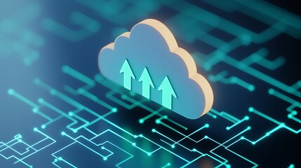 Abstract representation of cloud computing with upward arrows and digital circuits on a dark background
