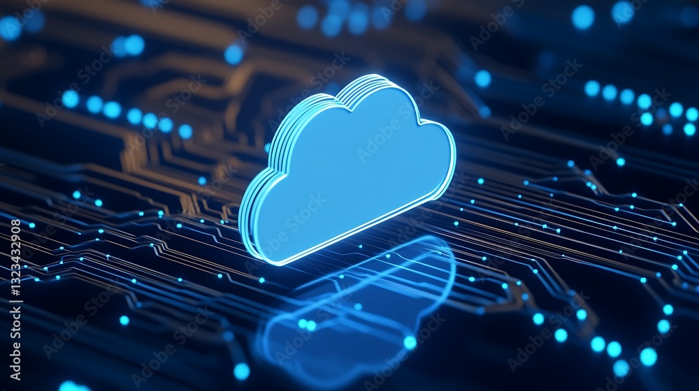Poster blue cloud icon over circuit board in abstract technology background with digital elements and light