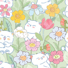 Cute white kitten cat in colorful flower garden seamless pattern