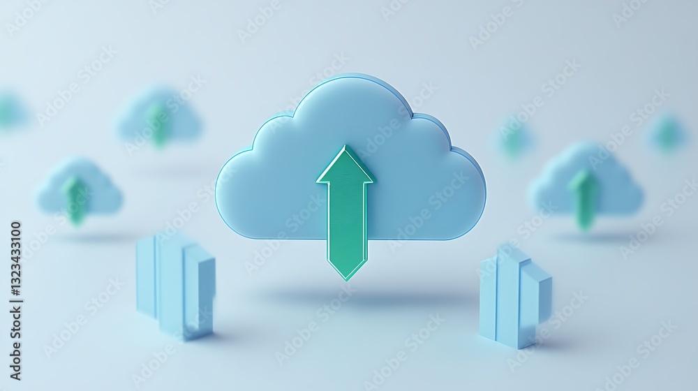 Poster blue cloud icon with green arrow symbolizing upload, surrounded by 3d data flow elements on a soft b