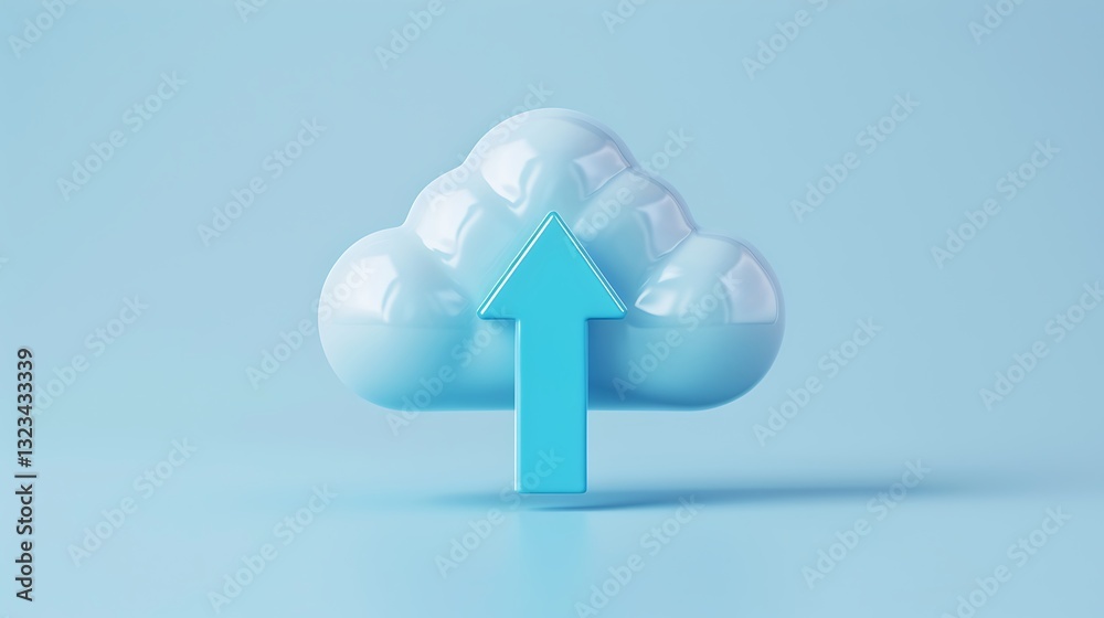 Poster Blue Cloud Icon with Upward Arrow Symbolizing Data Upload and Cloud Computing Technology