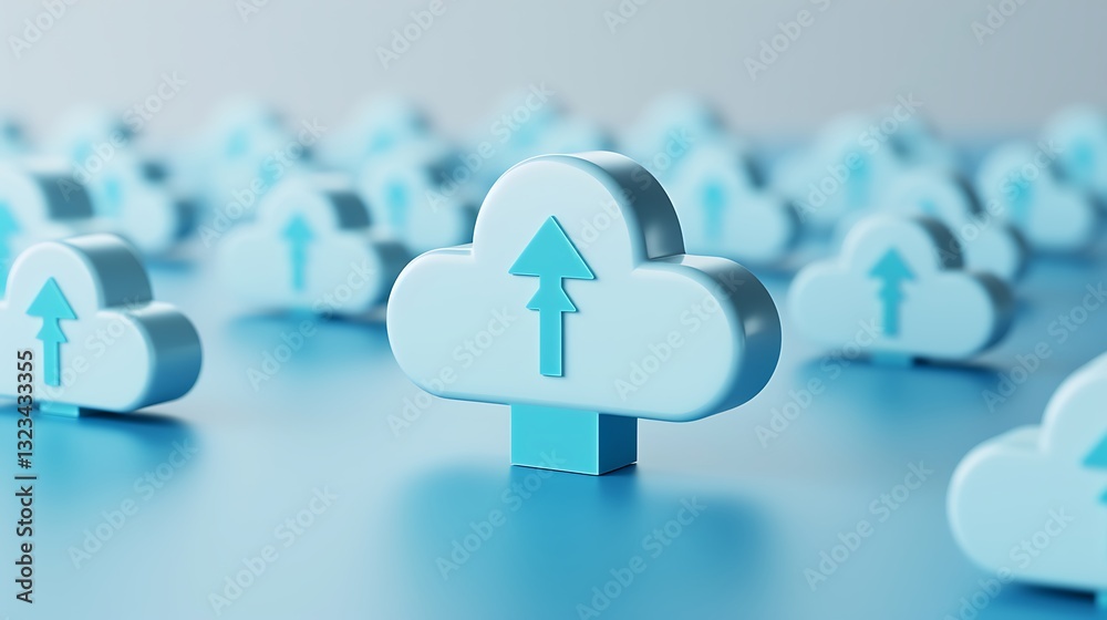 Poster blue cloud icons with upward arrows representing data upload and cloud storage technology concepts