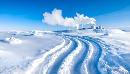 Arctic industrial landscape, snow-covered terrain with a factory and tracks