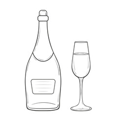Outlined illustration of a champagne bottle and a glass. Hand drawn ink corked bottle of champagne and a flute glass filled with beverage