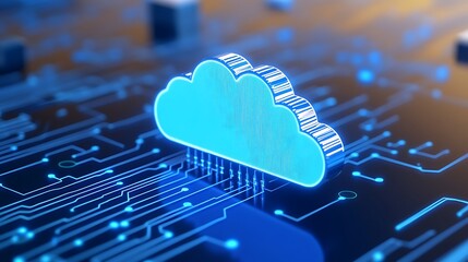 Cloud Computing Concept with Blue Cloud Icon on Circuit Board Background for Digital Technology Themes