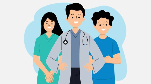 animated cartoon of doctors and nurses. animation of health workers with standing poses. Cartoon healthcare professionals. Flat cartoon doctors and surgeon