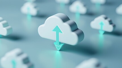 Cloud Computing Concept with Rising and Falling Arrows Reflecting Data Transfer and Uploading Process