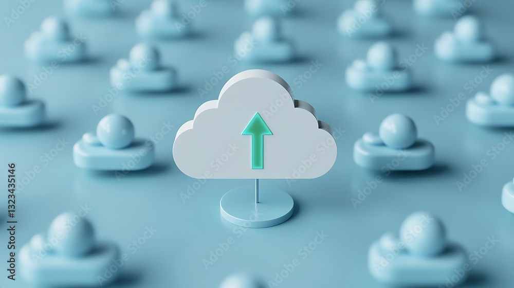 Poster cloud computing concept with upload icon and multiple user figures representing digital data storage